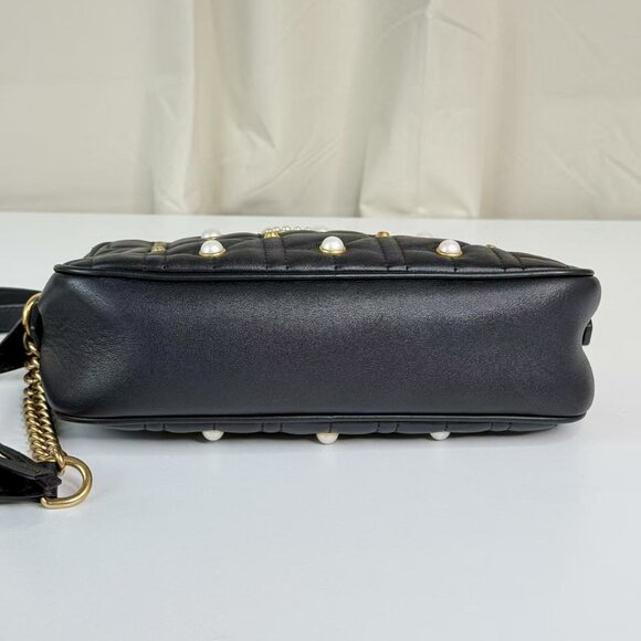 Gucci Black Leather Marmont Shoulder Bag Crossbody with Pearl Embellished - Picture 5 of 9